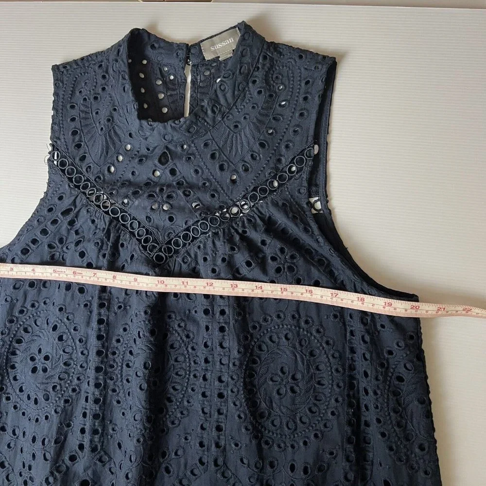 New Sussan Women’s Midi Dress Navy Blue Broderie Scallop Hem Cotton Size L 14 - Picture 9 of 10